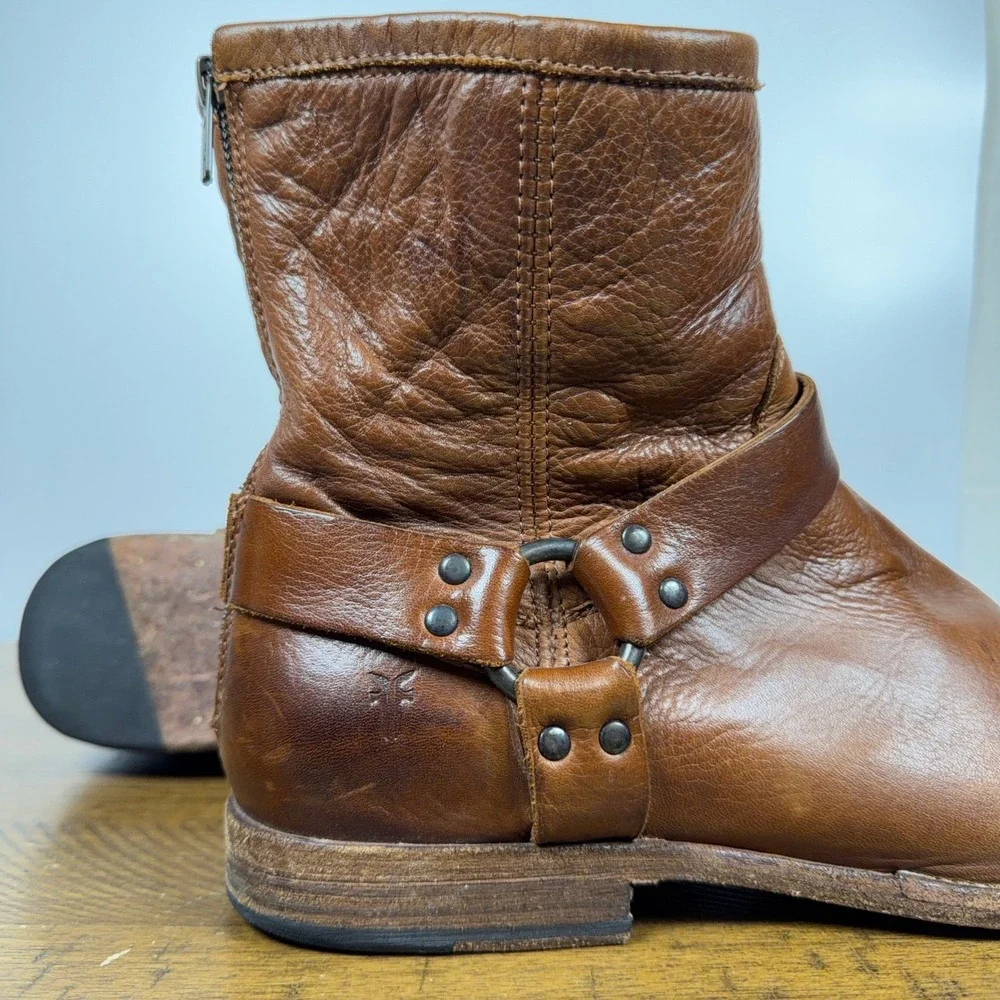 Frye Boots Men 11.5 D Brown Cognac Phillip Harness Zip Leather Biker Moto Cowboy